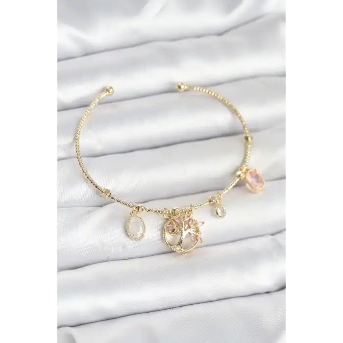 Hayat Ağacı Charmlı Gold Renk Pirinç Kadın Bileklik