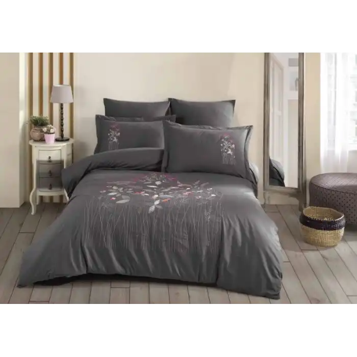 Hobby Çift Kişilik Poplin Premium Nakışlı Nevresim Emilia Gri