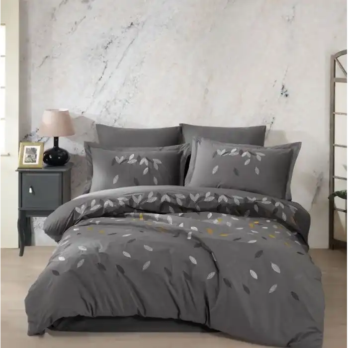 Hobby Çift Kişilik Poplin Premium Nakışlı Nevresim Lidia Gri