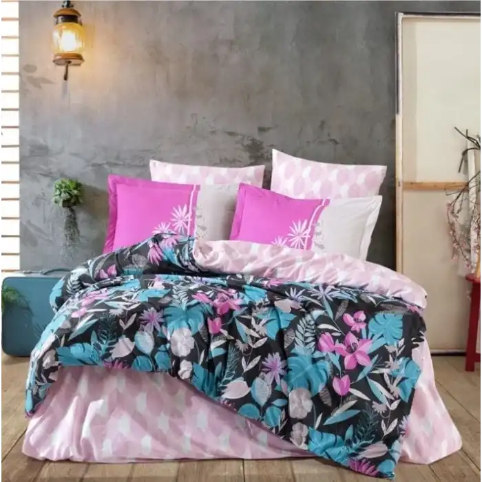 Hobby Kingsize Poplin Nevresim Monstera Fuşya