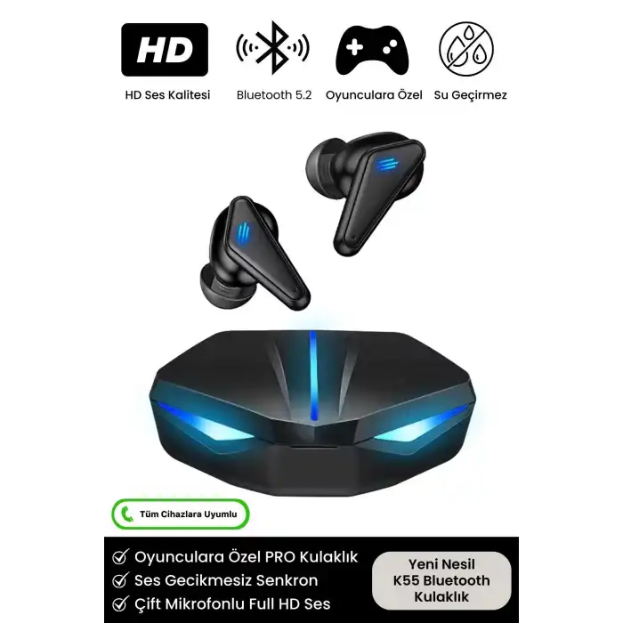 K55 Tws Pro Oyuncu Kulaklığı 3D Stereo Ses Extra Bass Işıklı Mikrofonlu Bluetooth Kablosuz Kulaklık