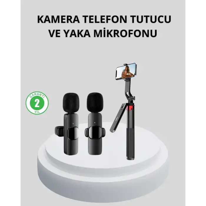 Kablosuz Çift Yaka Mikrofonu ve Tripodlu Selfie Çubuğu İçerik Üretici Seti