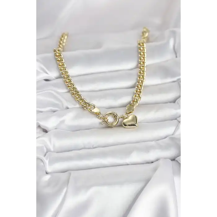 Kalp Detaylı Gold Renk Pirinç Kadın Kolye