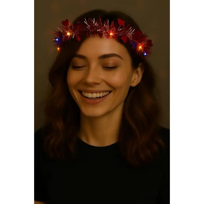 Kalp Püsküllü 3 Modlu LED Işıklı Taç Kırmızı Renk