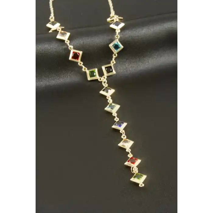 Kare Kristal Taşlı Y Kolye