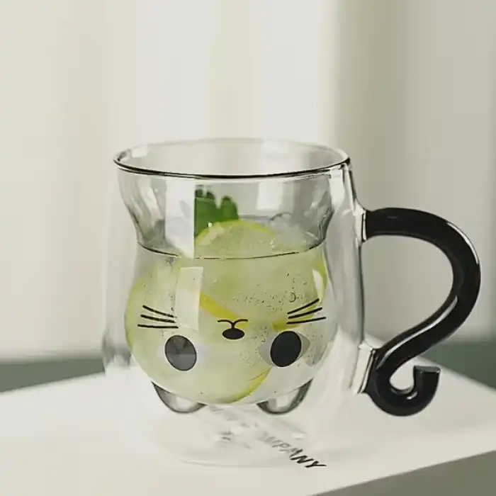 Kedi Figürlü Çift Cidarlı Cam Bardak