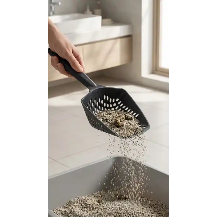 Kedi Kumu Eleme Küreği Sık dokuma gövde ve geniş tutacaklı temizlik aracı
