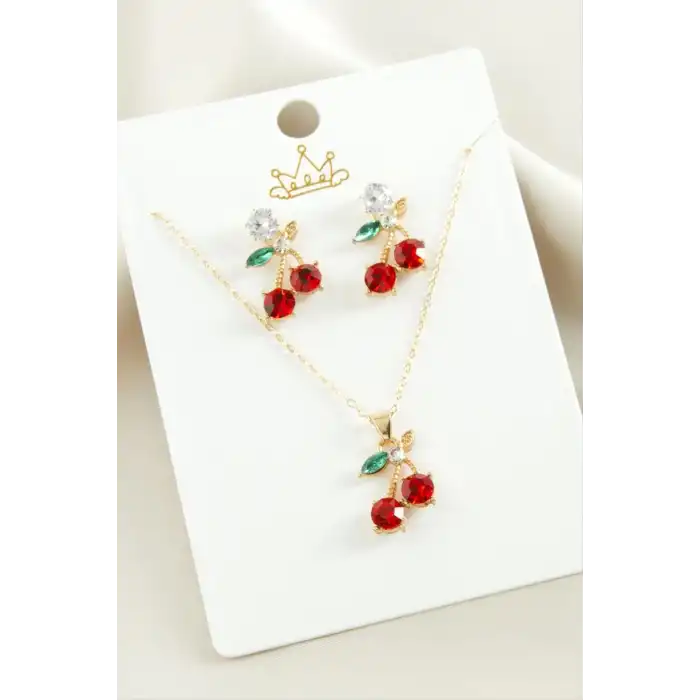 Kiraz Zirkon Taşlı Set Kolye