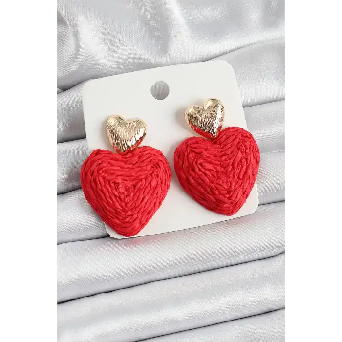 Kırmızı Kalp Figürlü Hasır Örgü Model Gold Renk Kadın Küpe