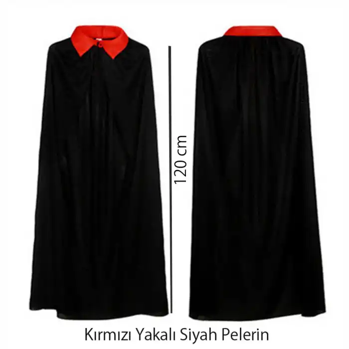 Kırmızı Yakalı Siyah Dracula Pelerin 120 cm