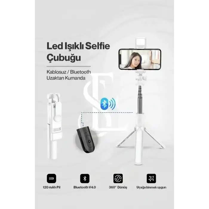 Led Işıklı Selfie Çubuğu Bluetooth Kumandalı Kablosuz Tripot Selfie Monopod Selfie Stick (Beyaz)