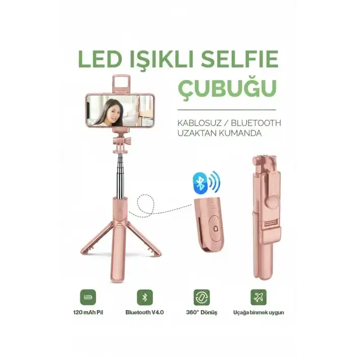 Led Işıklı Selfie Çubuğu Bluetooth Kumandalı Kablosuz Tripot Selfie Monopod Selfie Stick (Pembe)
