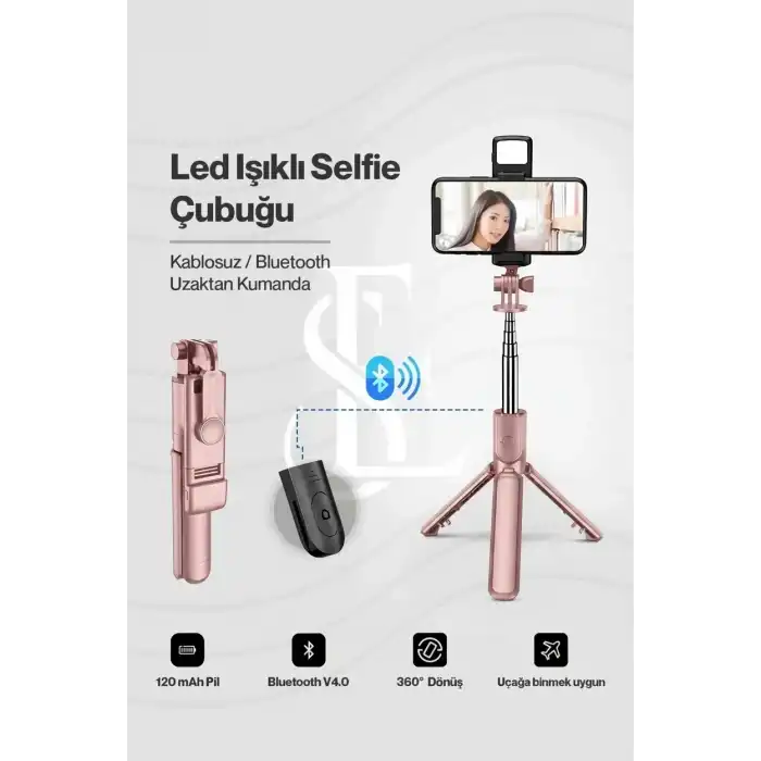 Led Işıklı Selfie Çubuğu Bluetooth Kumandalı Kablosuz Tripot Selfie Monopod Selfie Stick (Pembe)