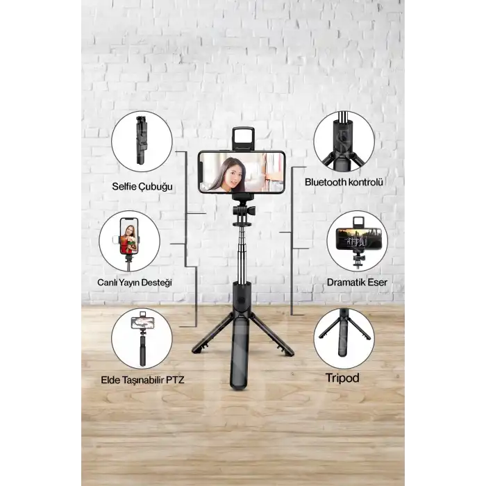 Led Işıklı Selfie Çubuğu Bluetooth Kumandalı Kablosuz Tripot Selfie Monopod Selfie Stick (Pembe)