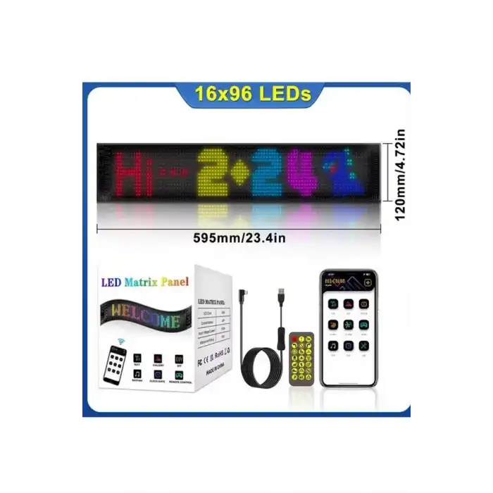 Led Matrix Bluetooth Bağlantılı Araç Camına Uygun Pixsel Görünümlü 16X96 pixel