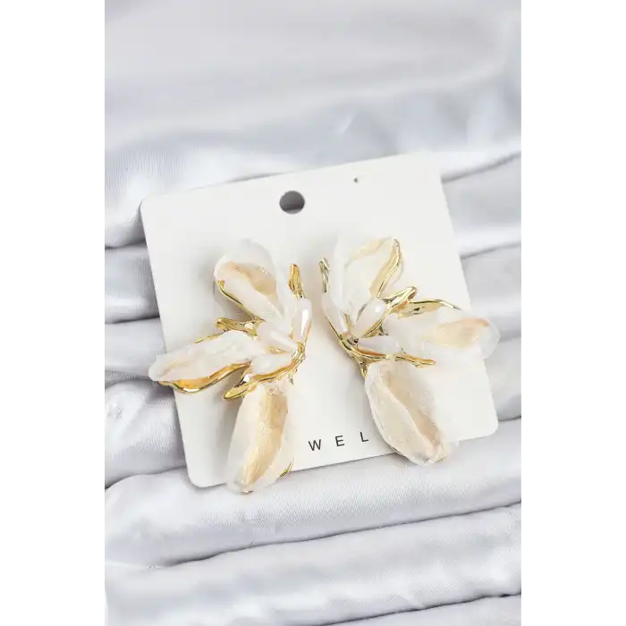 Lotus Model Beyaz Renk Tüllü Kadın Küpe