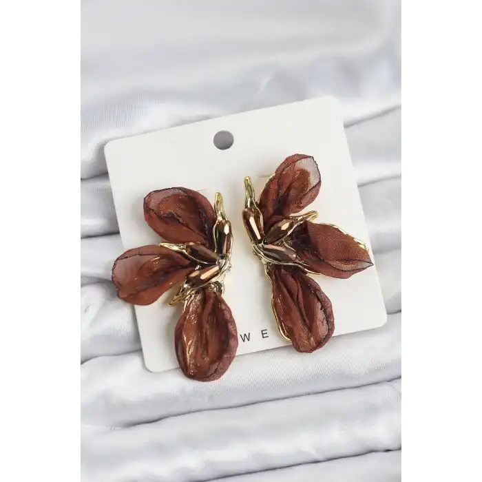 Lotus Model Kahverengi Renk Tüllü Kadın Küpe