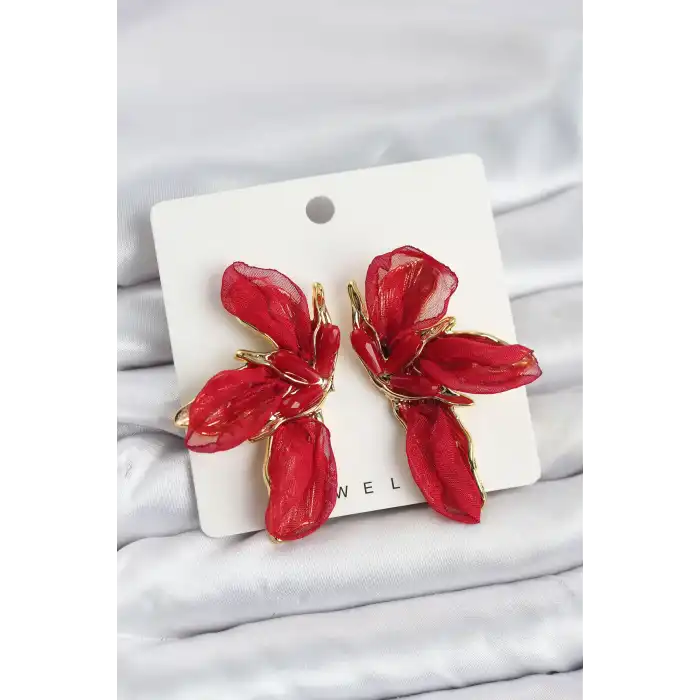 Lotus Model Kırmızı Renk Tüllü Kadın Küpe