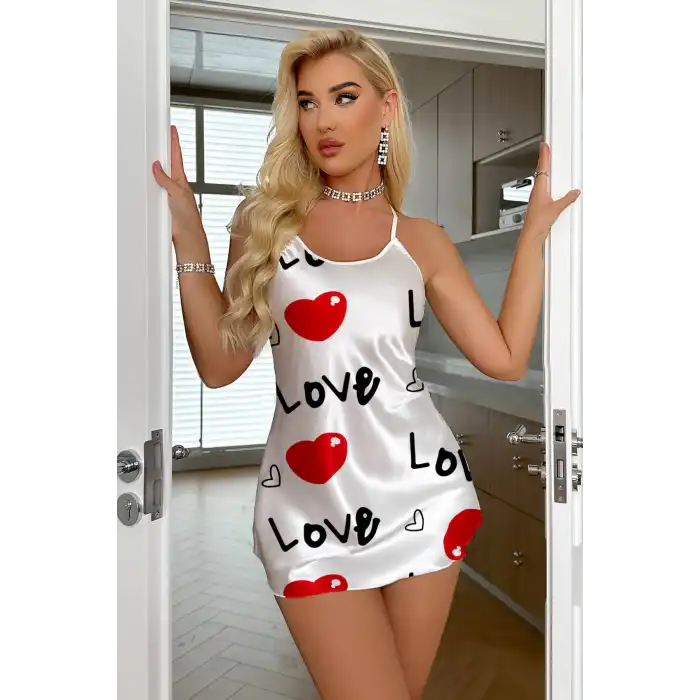 Love Desenli Beyaz Saten Gecelik