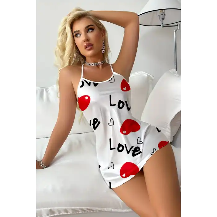 Love Desenli Beyaz Saten Gecelik