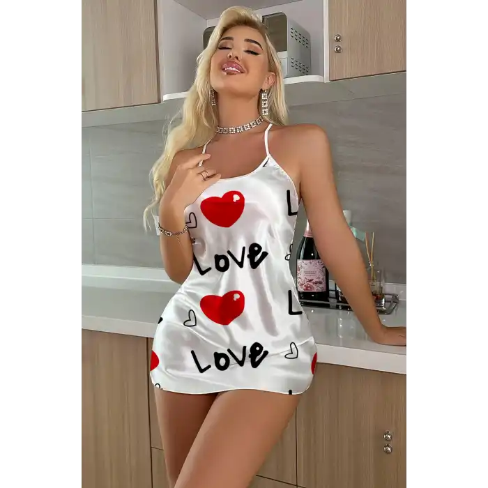 Love Desenli Beyaz Saten Gecelik