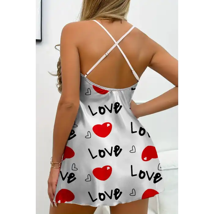 Love Desenli Beyaz Saten Gecelik