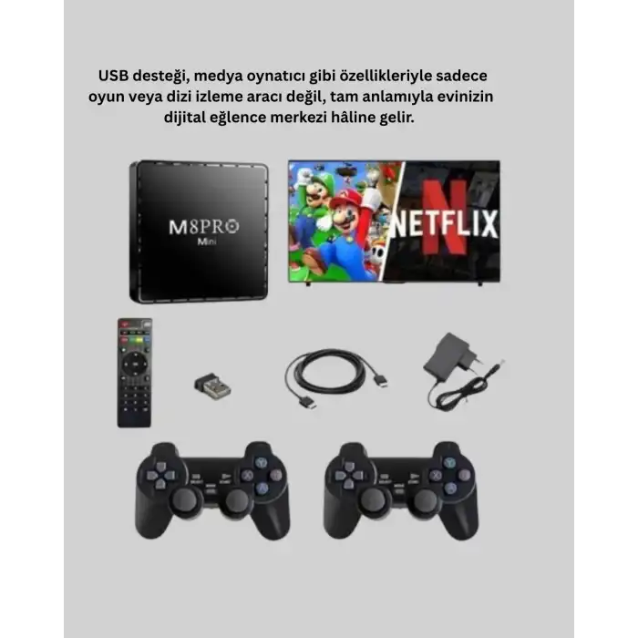 M8Pro Android TV Box ve Retro Oyun Konsolu – 10K Ultra HD Görüntü