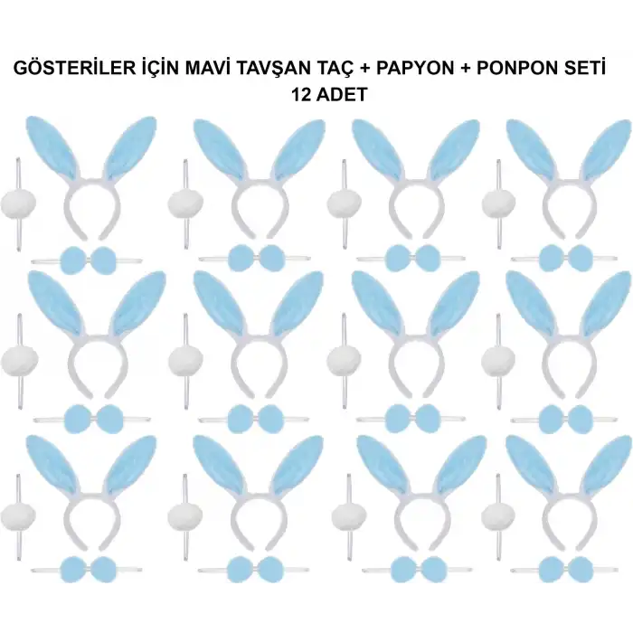 Mavi Tavşan Kostüm Seti – Taç, Papyon, Ponpon (12’li Paket)