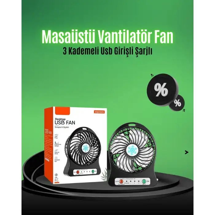 Mini USB Fan – Şarj Edilebilir, Işıklı, 3 Kademe, Taşınabilir Masaüstü Vantilatör