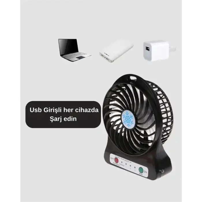 Mini Vantilatör Masaüstü – Usb Girişli, Şarjlı, 3 Kademe, Sessiz Motor, Işıklı