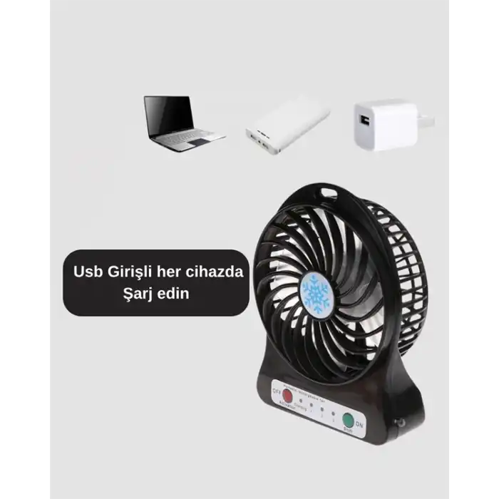 Mini Vantilatör Masaüstü – USB Girişli, Şarjlı, 3 Kademe, Sessiz Motor, Işıklı