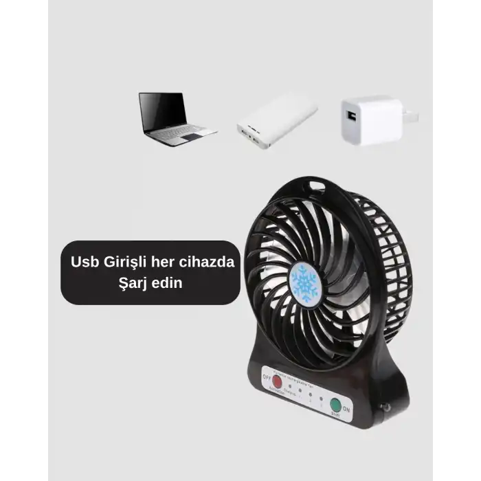 Mini Vantilatör Masaüstü – USB Girişli, Şarjlı, 3 Kademe, Sessiz Motor, Işıklı