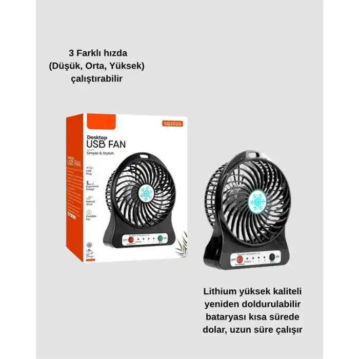 Mini Vantilatör Masaüstü – Usb Girişli, Şarjlı, 3 Kademe, Sessiz Motor, Işıklı