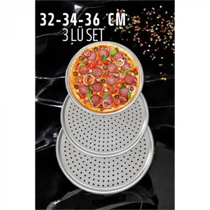 BX Delikli Pizza Lahmacun Tepsisi Çelik 32-34-36 CM 3 lü SET