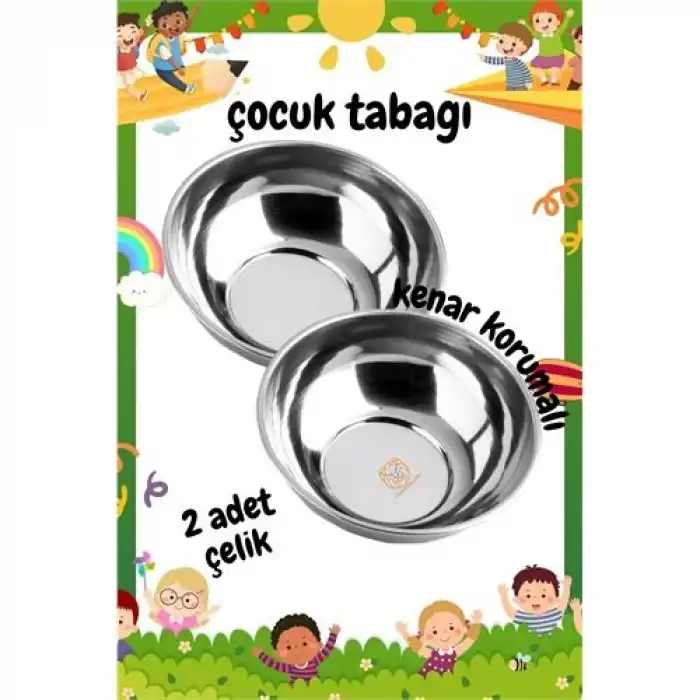 Derin Çocuk Tabağı Güvenli Kenarlı Çelik 2 Adet 16 cm
