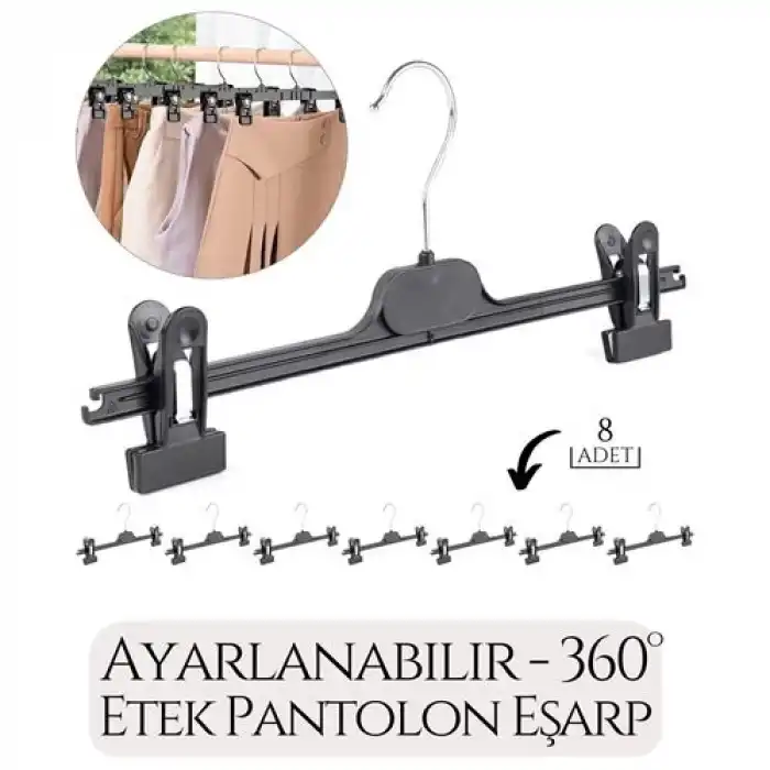 Premium Siyah Pantolon ve Etek Askısı - 8’li Set | Ayarlanabilir Metal Kıskaçlı Lüks Seri 718931
