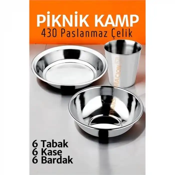 Paslanmaz Çelik Tabak Kase Bardak Seti Kamp Piknik Seti 18 adet