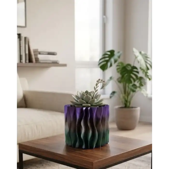 Modern Dalgalı Tasarımlı Mor 3D Dekoratif Vazo Ev Ofis Dekoru