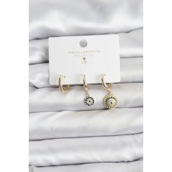 Nazar Model Gold Renk Pirinç 3lü Kadın Küpe Seti