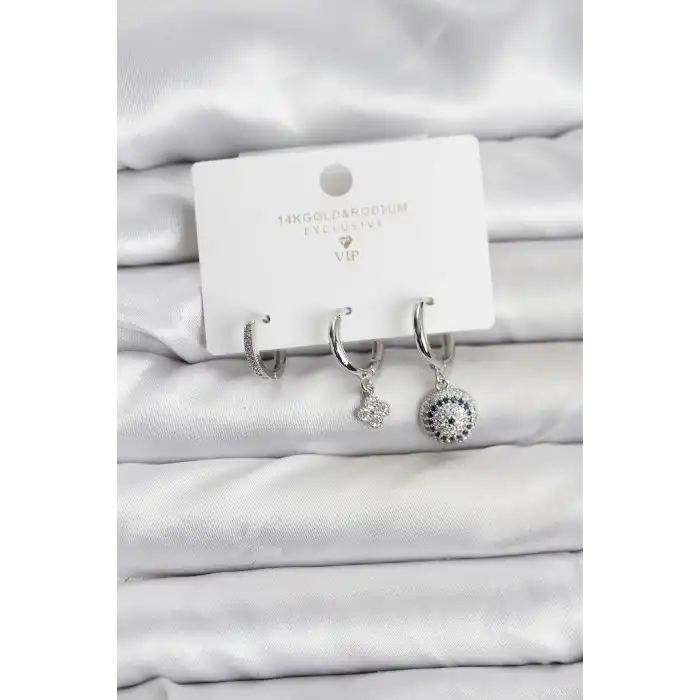Nazar Model Gümüş Renk Pirinç 3lü Kadın Küpe Seti