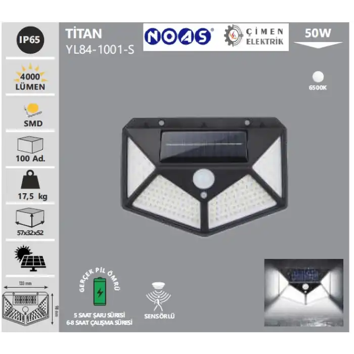 NOAS YL84 1001 S TİTAN 50W Siyah Sensörlü Solar Aplik  Beyaz Işık 6500K