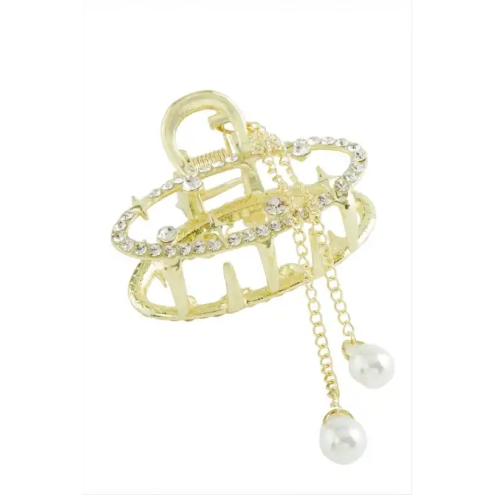 Oval İnci Taşlı Metal Mandal Toka 5 cm