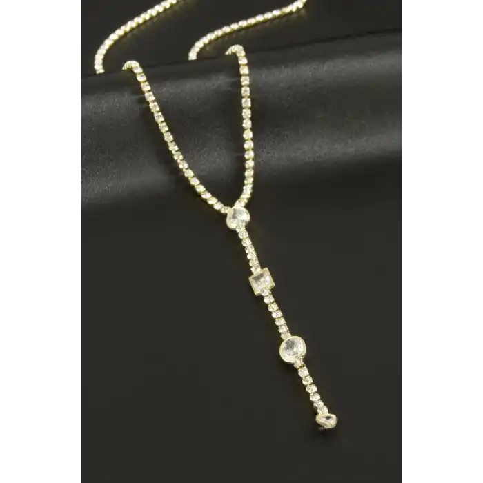 Oval Şerit Taşlı Çelik Y Kolye