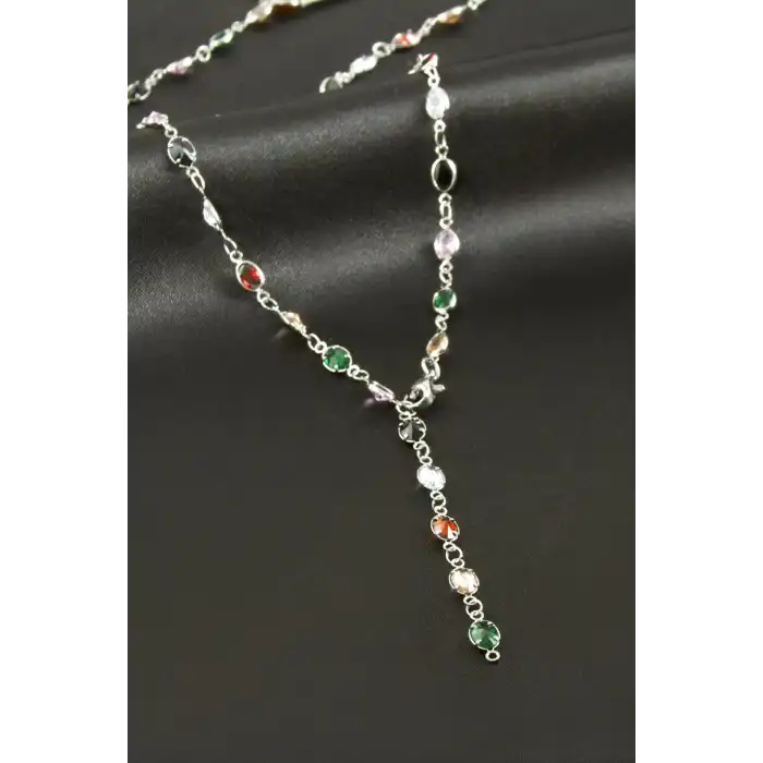 Oval Zirkon Taşlı Çelik Y Kolye