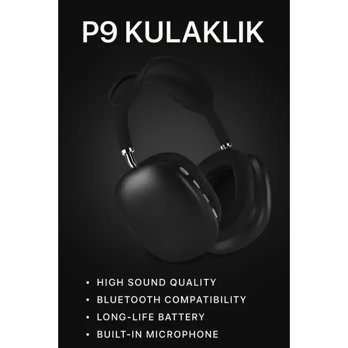 P9 Bluetooth 5.0 Kablosuz Siyah Kulaklık Mikrofonlu Uzun Pil Yüksek Bass ANC