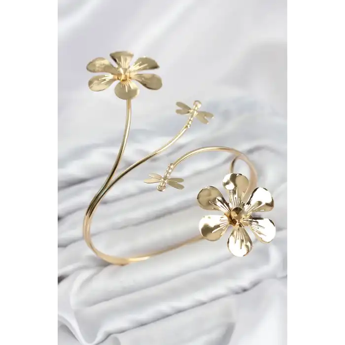 Pazu Bileklik Gold Renk Pirinç Çiçek Model