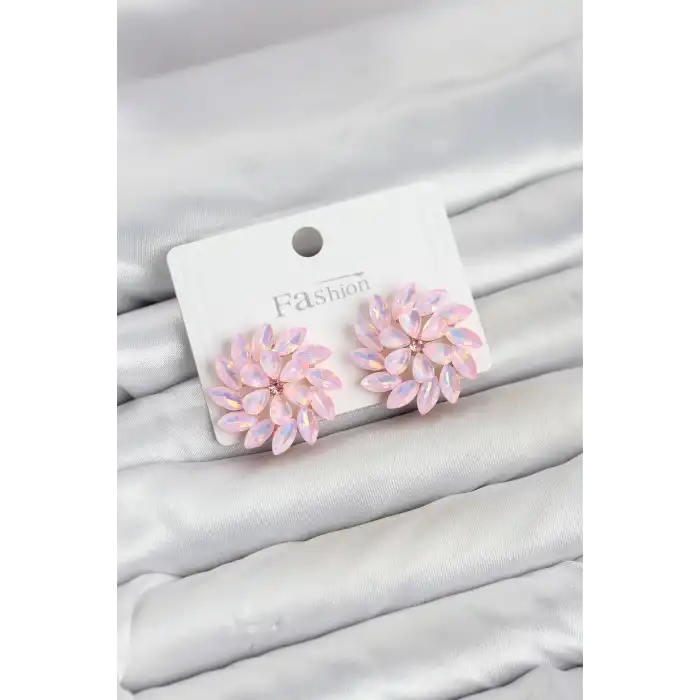 Pembe Renk Kristal Taşlı Çiçek Model Kadın Küpe