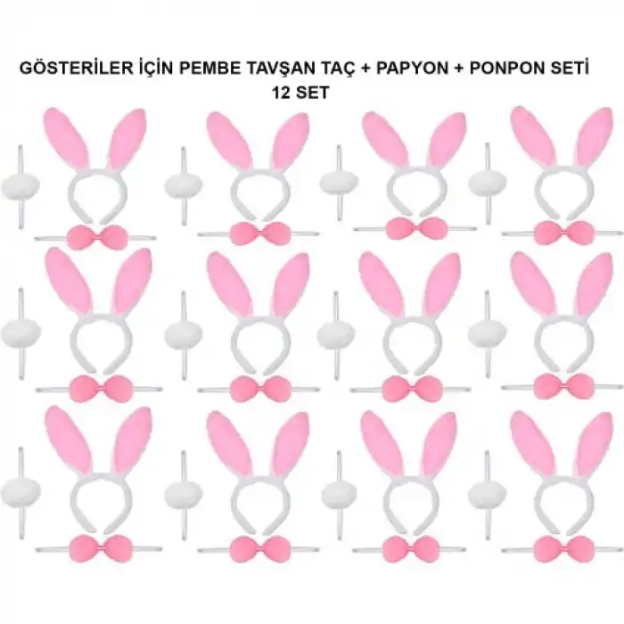 Pembe Tavşan Kostüm Seti – Taç, Papyon, Ponpon (12’li Paket)