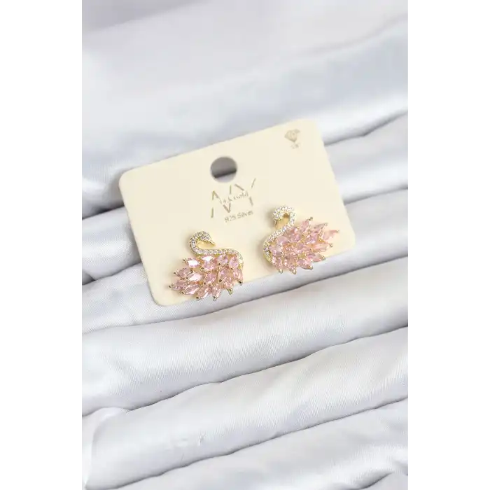 Pembe Zirkon Taşlı Gold Swan Kuğu Model Kadın Küpe