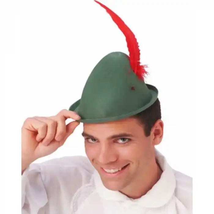 Peter Pan Şapkası Yeşil Renk Kırmızı Tüylü